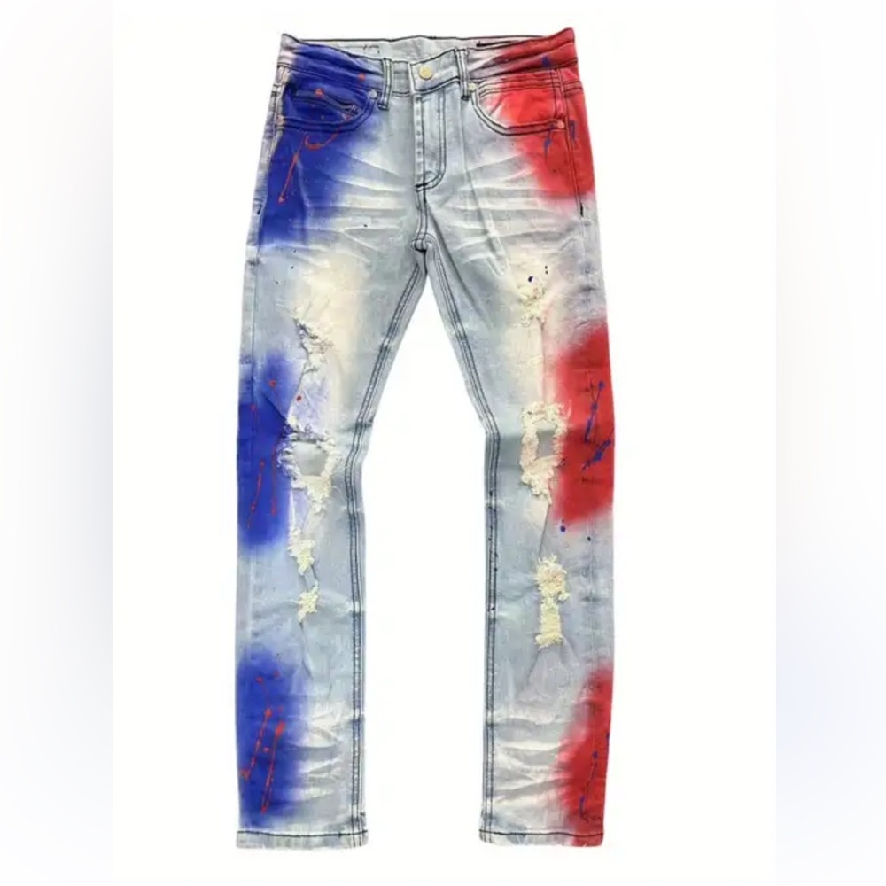 Light Wash Distressed Men's Jeans with Red & Blue Paint Detail
